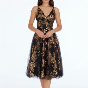 Dress the Population Black and Gold Leaf Midi Dress